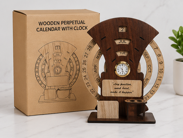 Wooden Calendar with Clock Table Calendar