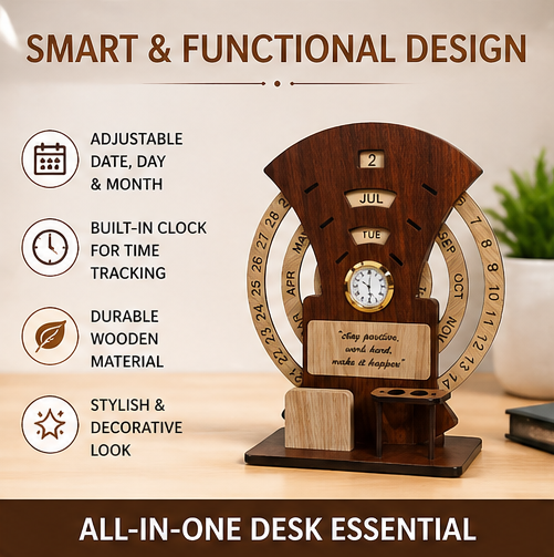 Wooden Calendar with Clock Table  Calendar