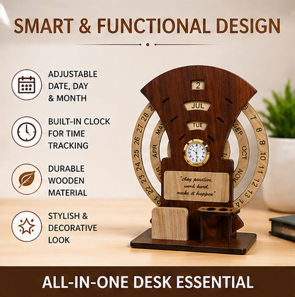 Wooden Calendar with Clock Table  Calendar