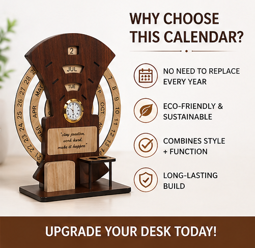 Wooden Calendar with Clock Table  Calendar