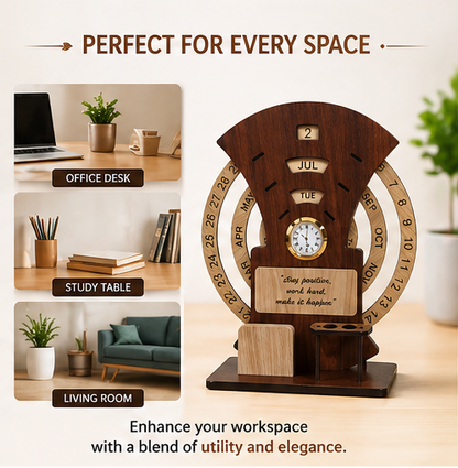 Wooden Calendar with Clock Table  Calendar