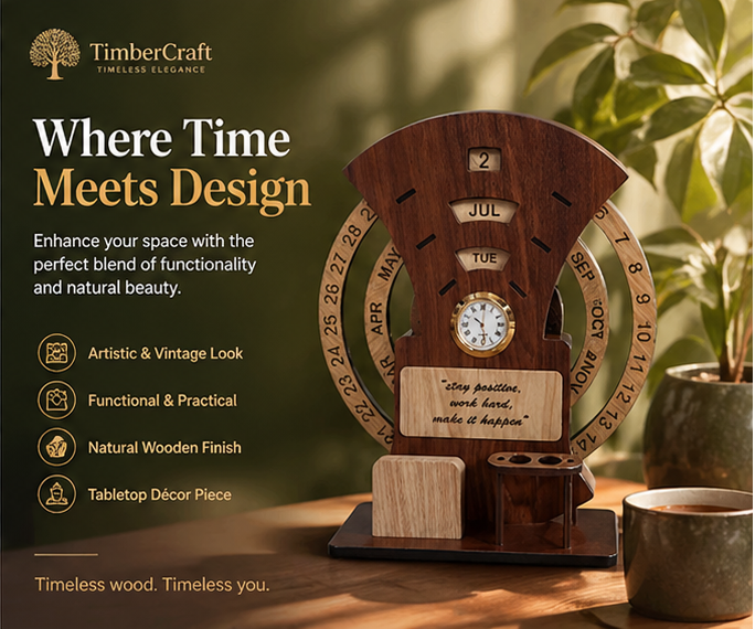 Wooden Calendar with Clock Table  Calendar