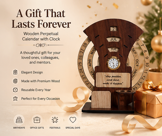 Wooden Calendar with Clock Table  Calendar