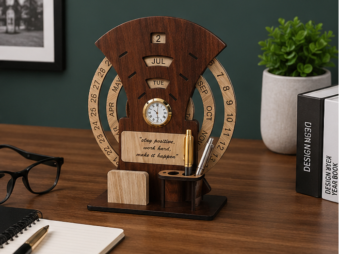 Wooden Calendar with Clock Table  Calendar